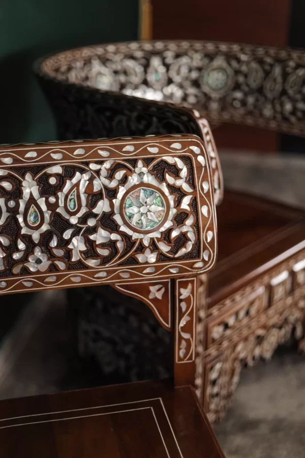IMG-20240516-WA0100 Handmade English Set of 2 Chairs with In-Between Table carved and inlaid with mother-of-pearl