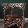 Handmade English Set of 2 Chairs with In-Between Table carved and inlaid with mother-of-pearl