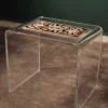 Handmade Acrylic Table with Wooden Surface and Mother of Pearl Inlay