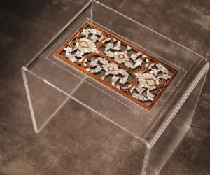 Handmade Acrylic Table with Wooden Surface and Mother of Pearl Inlay