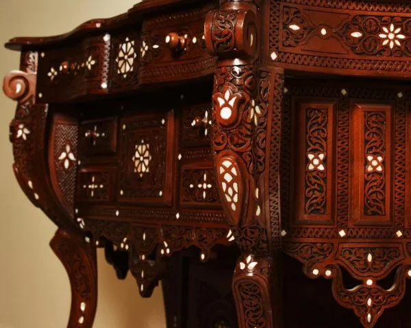 IMG-20250307-WA0013 Vintage Wood Console Table | Elegant Walnut Wood & Mother of Pearls