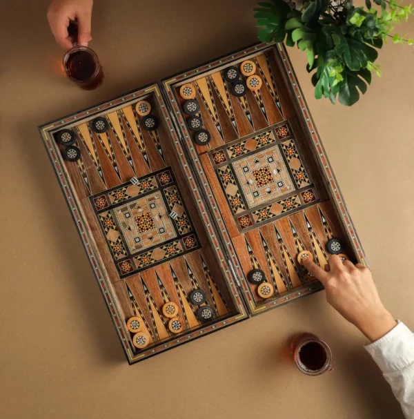 Wooden Chess set- BACKGAMMON PIECES -Folding chess Board, with closing lid Mosaic handmade
