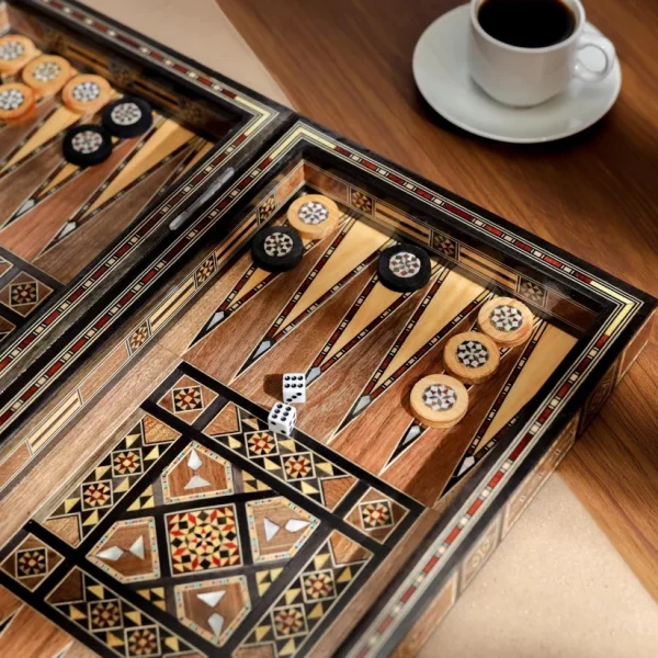 Wooden Chess set- BACKGAMMON PIECES -Folding chess Board, with closing lid Mosaic handmade