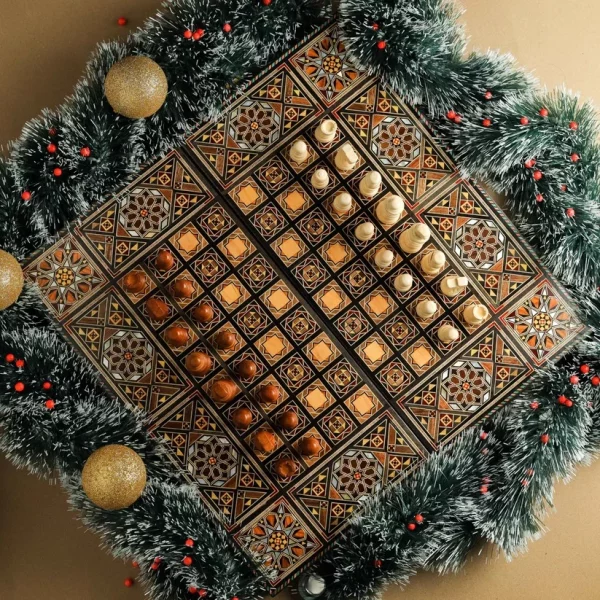 Wooden Chess set- BACKGAMMON PIECES -Folding chess Board, with closing lid Mosaic handmade
