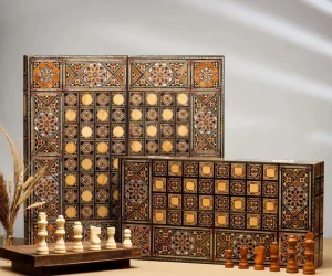 Wooden Chess set- BACKGAMMON PIECES -Folding chess Board, with closing lid Mosaic handmade