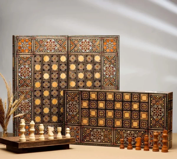 Wooden Chess set- BACKGAMMON PIECES -Folding chess Board, with closing lid Mosaic handmade