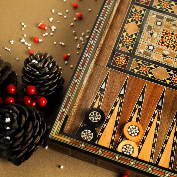 Wooden Chess set- BACKGAMMON PIECES -Folding chess Board, with closing lid Mosaic handmade