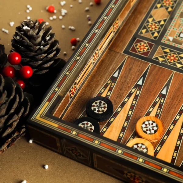 Wooden Chess set- BACKGAMMON PIECES -Folding chess Board, with closing lid Mosaic handmade