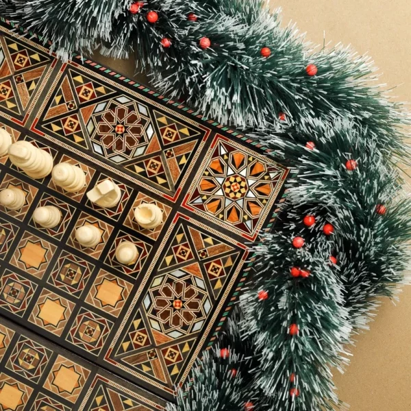 Wooden Chess set- BACKGAMMON PIECES -Folding chess Board, with closing lid Mosaic handmade