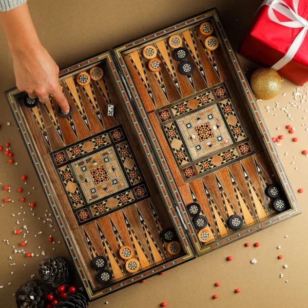 Wooden Chess set- BACKGAMMON PIECES -Folding chess Board, with closing lid Mosaic handmade