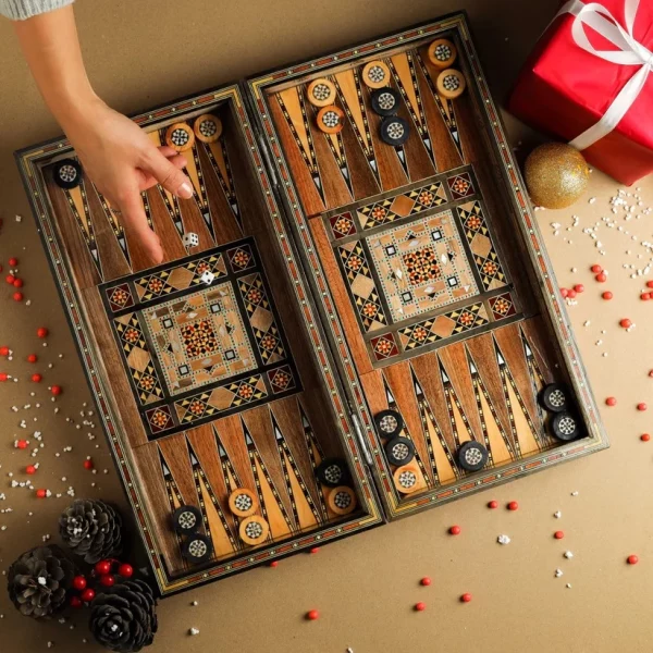 Wooden Chess set- BACKGAMMON PIECES -Folding chess Board, with closing lid Mosaic handmade