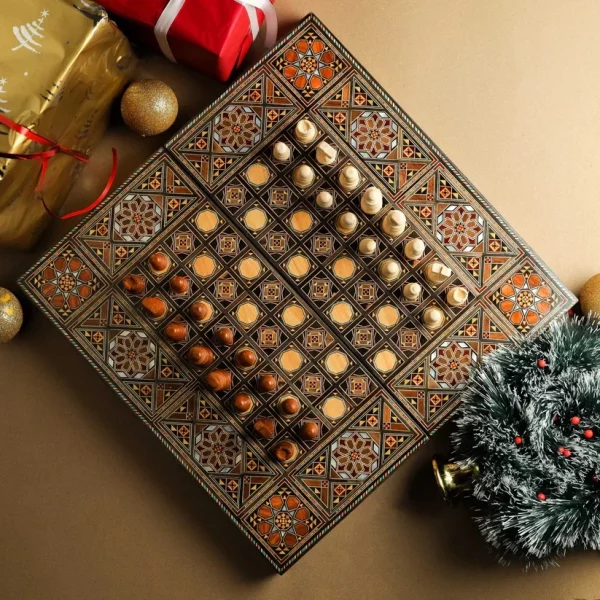 Wooden Chess set- BACKGAMMON PIECES -Folding chess Board, with closing lid Mosaic handmade