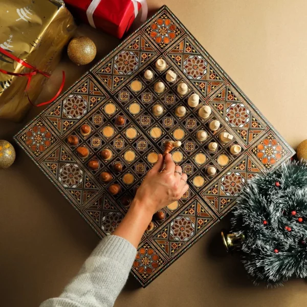 Wooden Chess set- BACKGAMMON PIECES -Folding chess Board, with closing lid Mosaic handmade