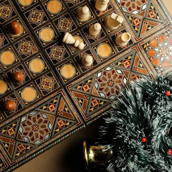 Wooden Chess set- BACKGAMMON PIECES -Folding chess Board, with closing lid Mosaic handmade