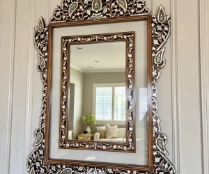 Masterpiece Wooden Wall Mirror with Handcrafted Mother of Pearl Inlay