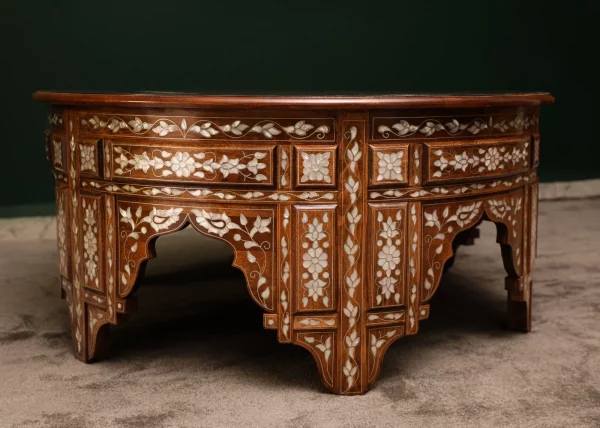 IMG-20250417-WA0095 Handmade round wooden table inlaid with natural mother-of-pearl