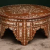 Handmade round wooden table inlaid with natural mother-of-pearl