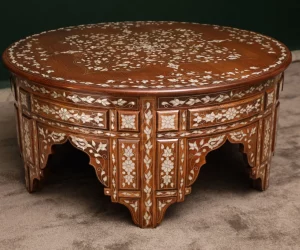 Handmade round wooden table inlaid with natural mother-of-pearl