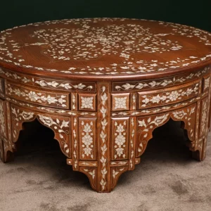 Handmade round wooden table inlaid with natural mother-of-pearl