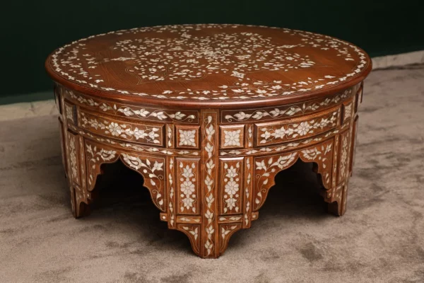 IMG-20250417-WA0096 Handmade round wooden table inlaid with natural mother-of-pearl