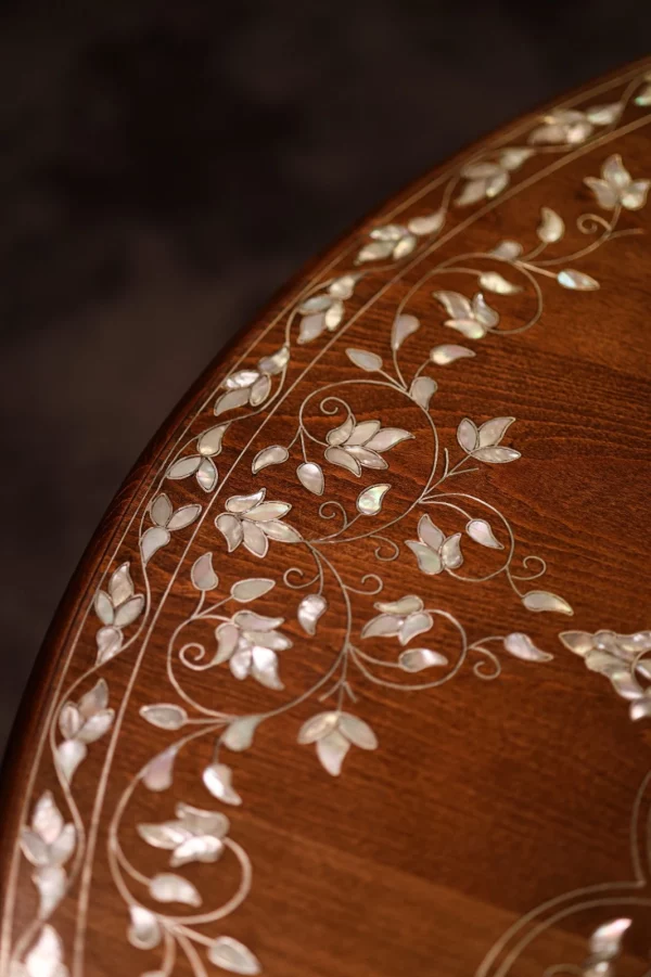 IMG-20250417-WA0097 Handmade round wooden table inlaid with natural mother-of-pearl