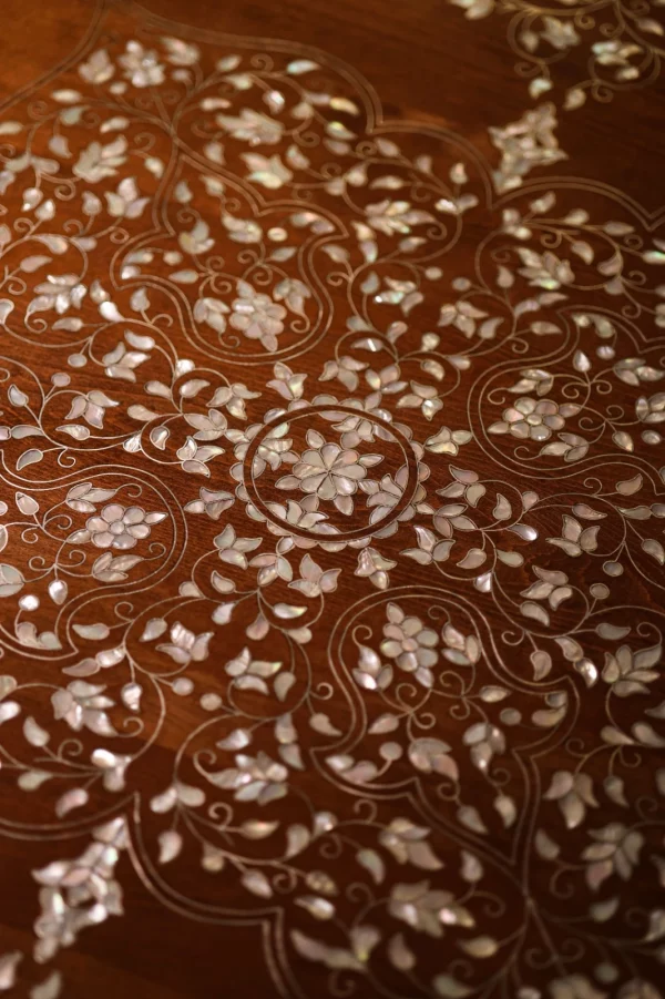 IMG-20250417-WA0098 Handmade round wooden table inlaid with natural mother-of-pearl
