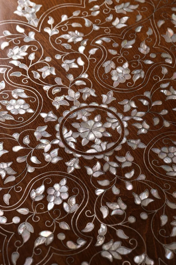 IMG-20250417-WA0102 Handmade round wooden table inlaid with natural mother-of-pearl